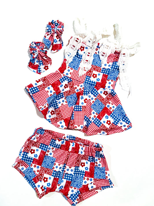 RTS 2T | American Honey | Lace Tie-Up Skirt Tank + Shorties + 2in Sailors