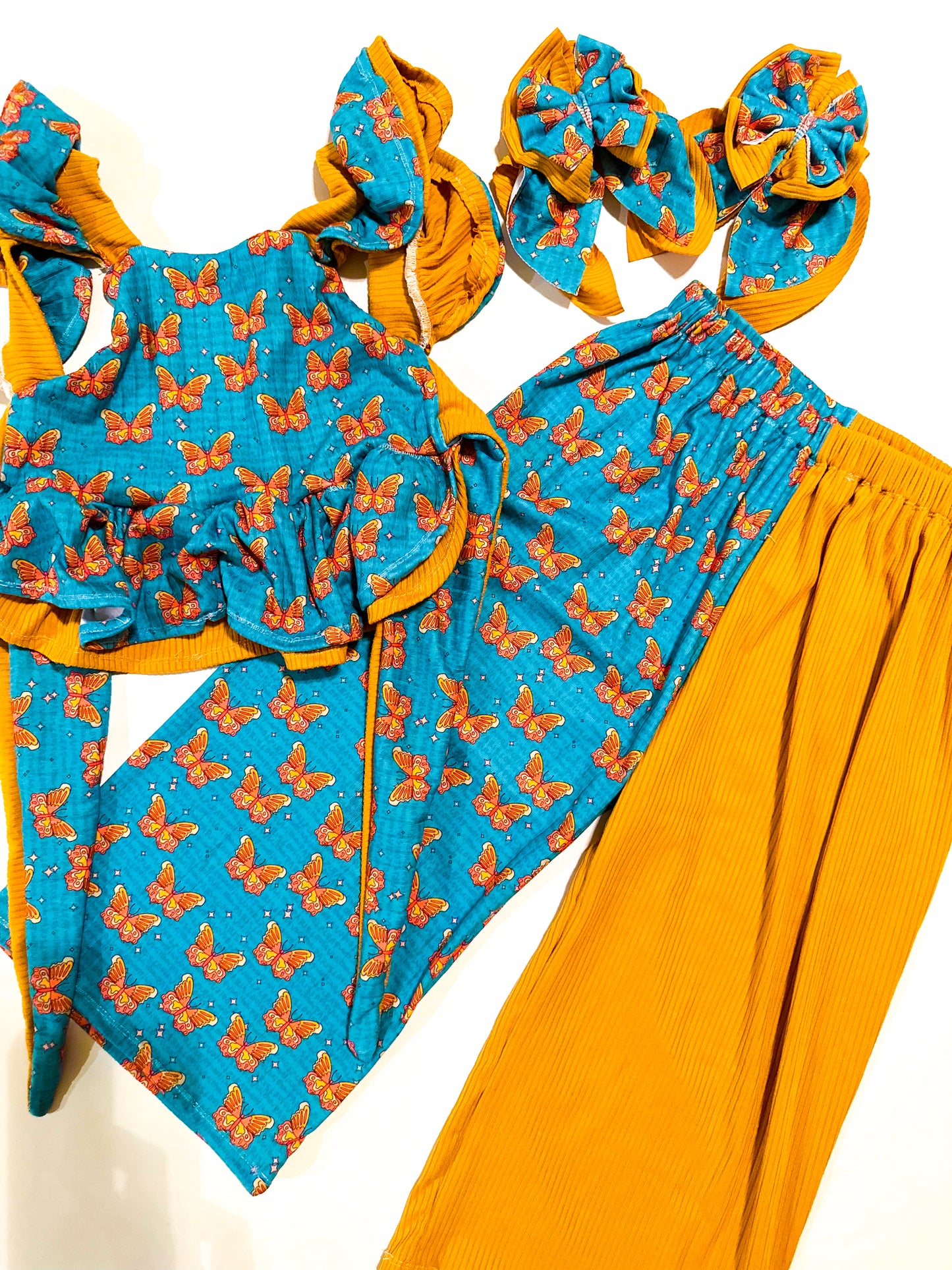 RTS 3T | Bfly + Mustard | Double Ruffle Emily Top + CB Flow Pants + Stacked Sailord