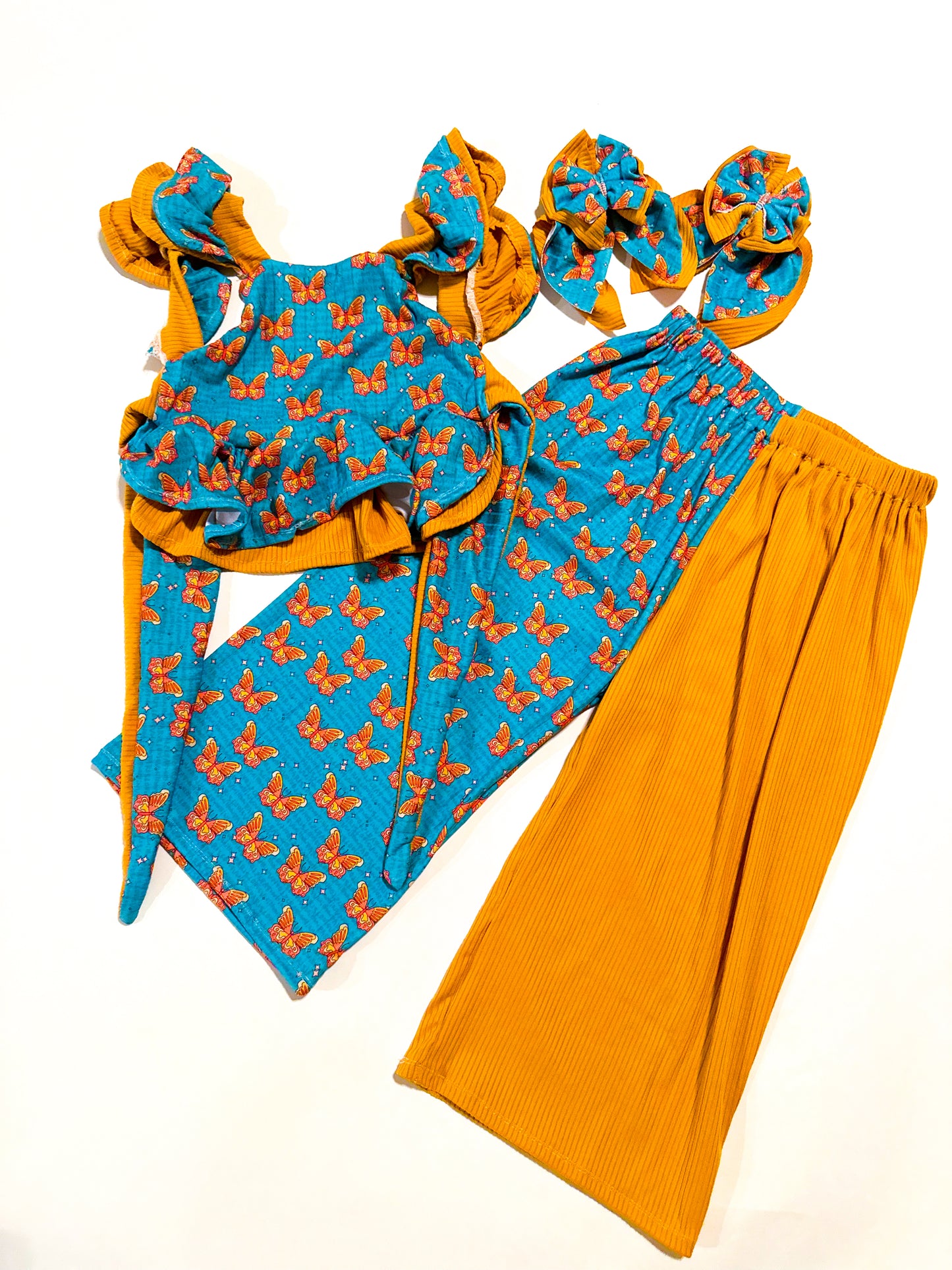 RTS 3T | Bfly + Mustard | Double Ruffle Emily Top + CB Flow Pants + Stacked Sailord
