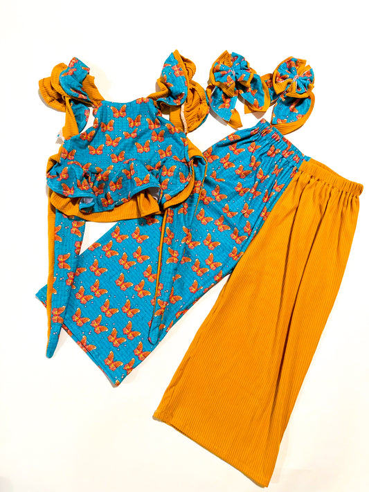 RTS 3T | Bfly + Mustard | Double Ruffle Emily Top + CB Flow Pants + Stacked Sailord